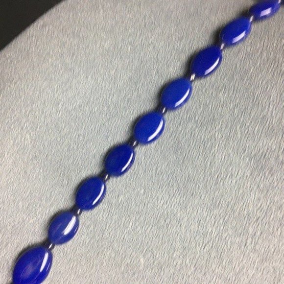 Long Graduated Oval Necklace Navy Blue Silver Hook Smooth Retro Classic - Picture 3 of 7